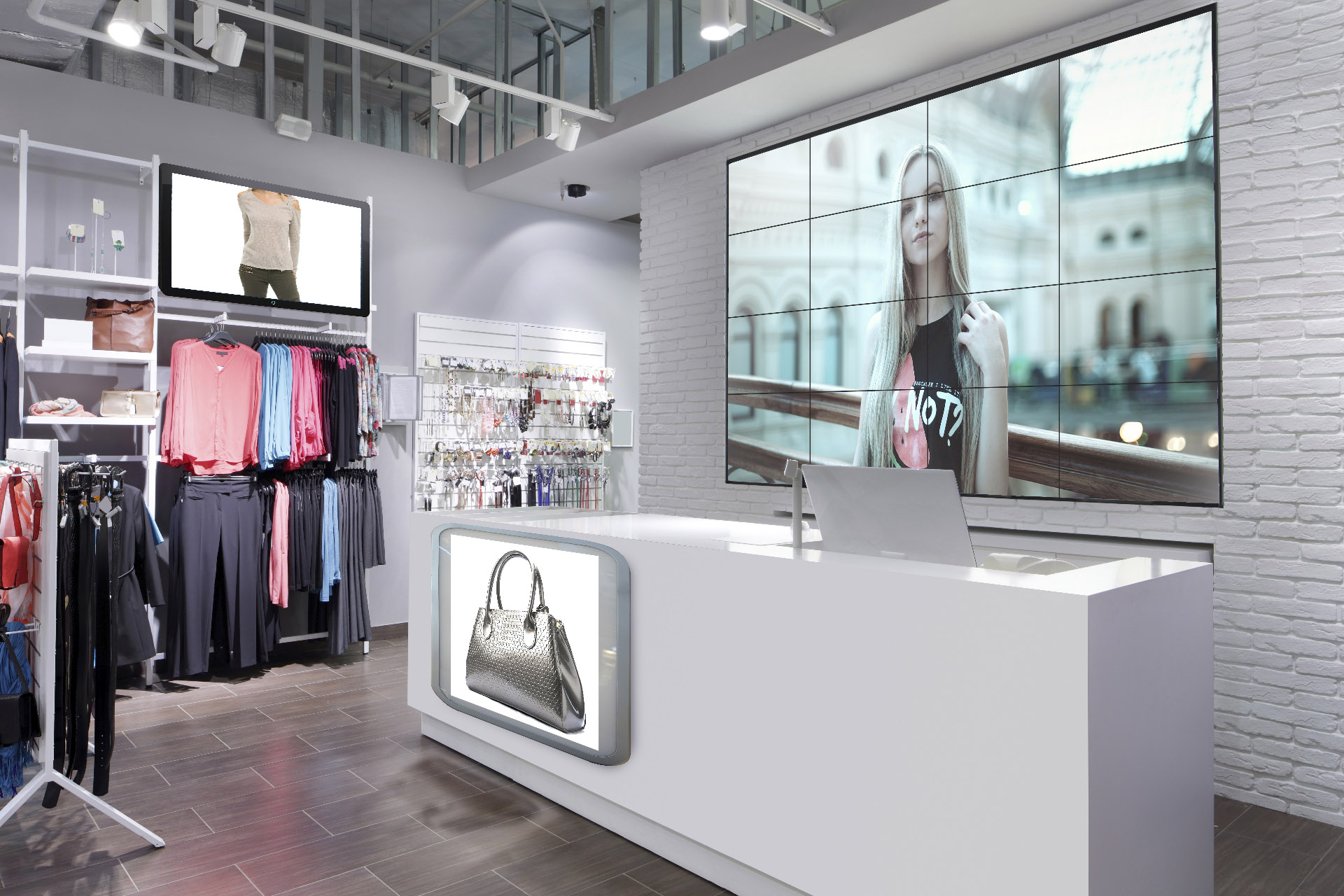 Multi-screen spliced video wall for retail stores